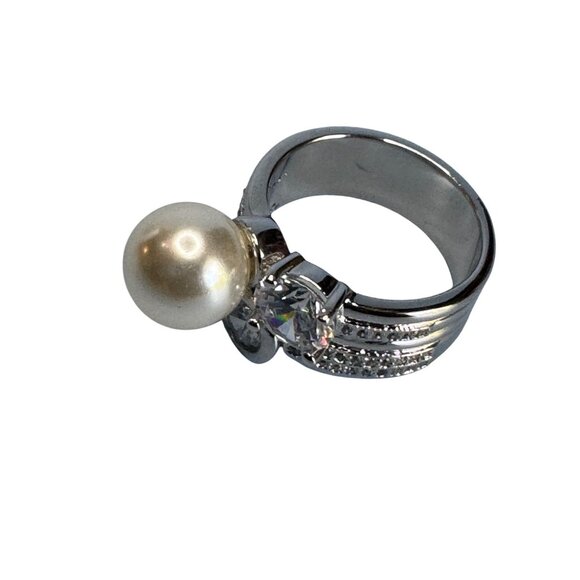 Womens Size 8 18K GP Silver Ring With Pearl & Cubic Zirconia Stones - Picture 2 of 8